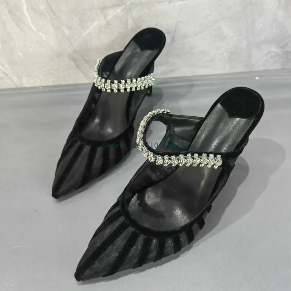 Black Crystal Rhinestone Slippers Sexy Pointed Toe Stiletto