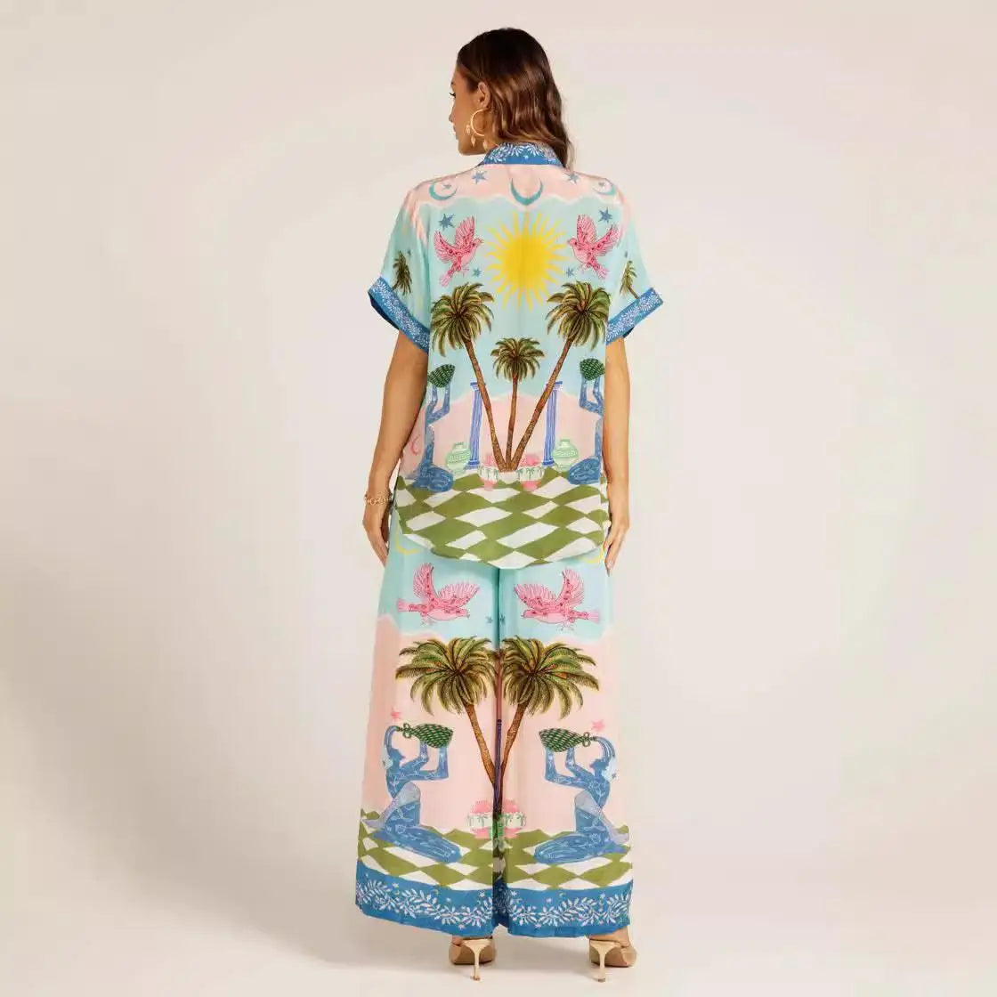 Printed Short Sleeve Tether Set Women's Fashion Ensemble Long Pants Winter Season Brand Unbranded Three-piece Combination - Shellss