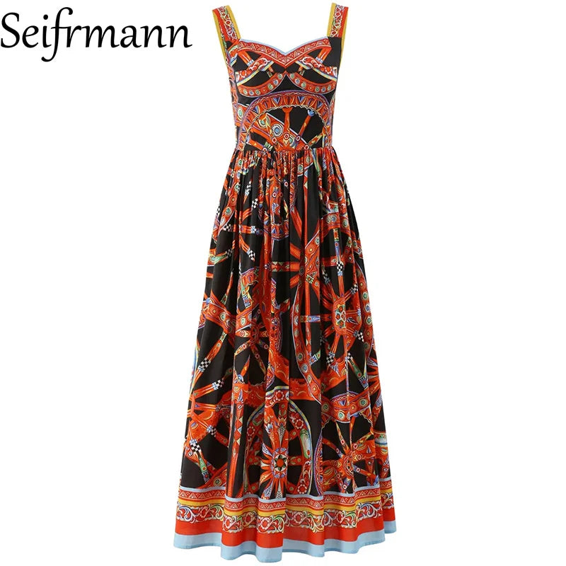 Seifrmann Casual printed cotton suspender dress square neck sleeveless waist long dress 026 autumn women's new style - Shellss