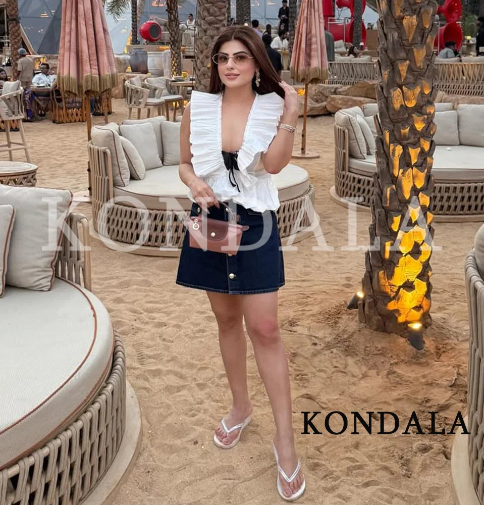 KONDALA Elegant Sweet Bow Tops Woman High Street Chic Pleated Deep V-Neck Tank Tops 2026 Summer Trendy Lady Holidays Dating Vest