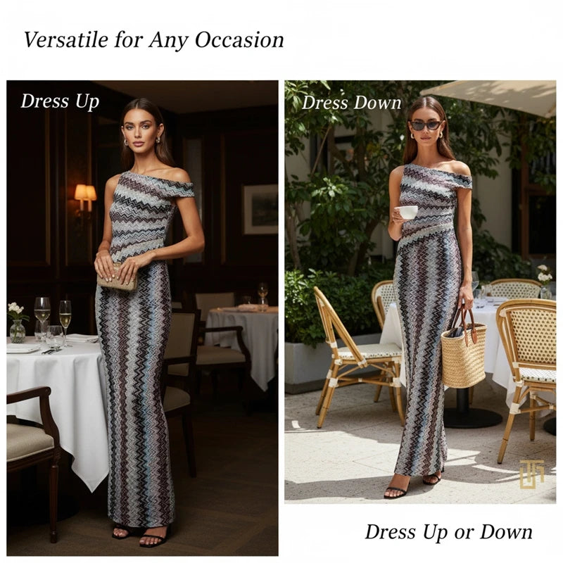 One Shoulder Maxi Dress for Women Striped Sleeveless Long Slim Fit Flowing Beach Dress – Sunset Seaside Vacation Look - Shellss