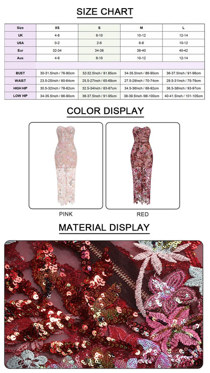 VC Floral Embroidery Sequins Long Dress Strapless Mesh