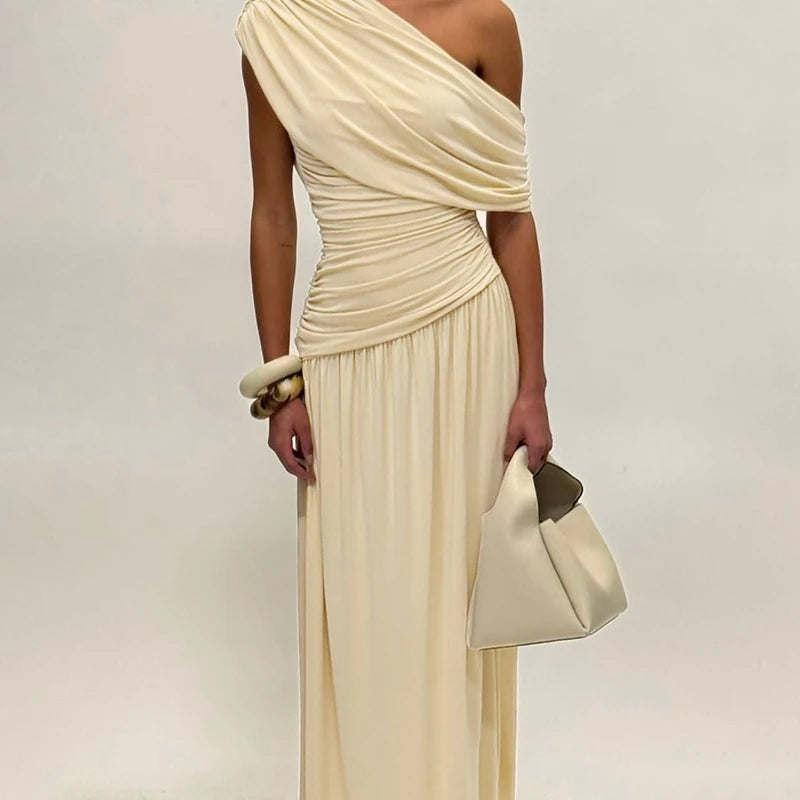 Hugcitar One Shoulder Ruched Sleeveless Solid Pleated Sexy Irregular Y2K Maxi Dress Summer Elegant Party Women Clothes Vacation - Shellss