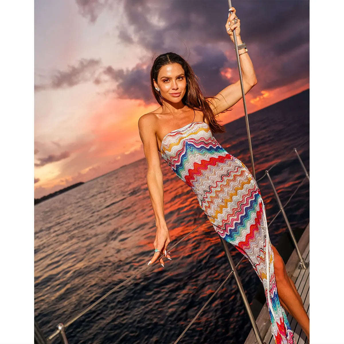 One Shoulder Dress Cutout Mesh Cover Up Colorful Print Swimsuit Coverup Bodycon Maxi Dress Beachwear Resortwear Outfits - Shellss