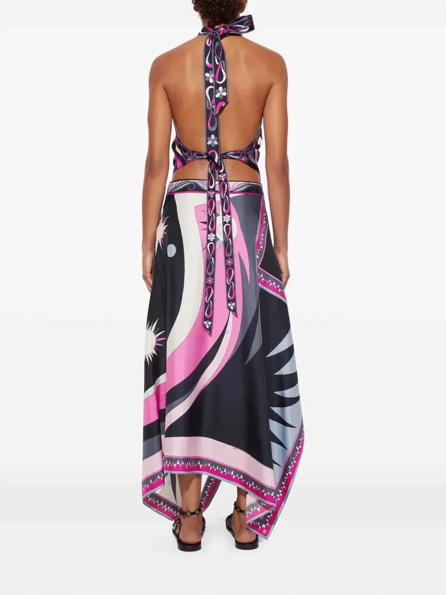 Irregular Satin Print Suit Women Halter Neck Lace Up Tank Top Midi Skirt 2 Pieces Set 2026 New Lady Summer Casual Vacation Wear