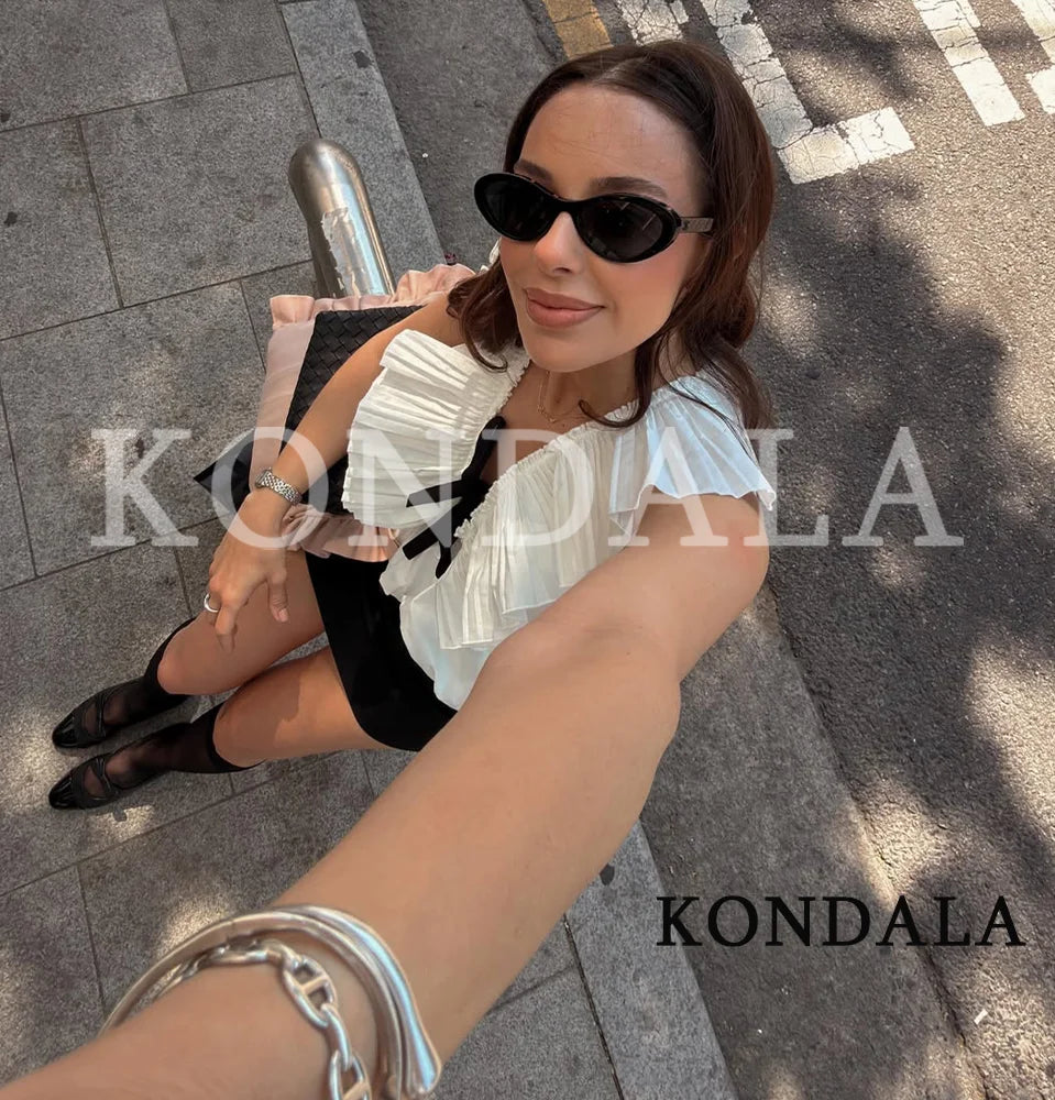 KONDALA Elegant Sweet Bow Tops Woman High Street Chic Pleated Deep V-Neck Tank Tops 2026 Summer Trendy Lady Holidays Dating Vest