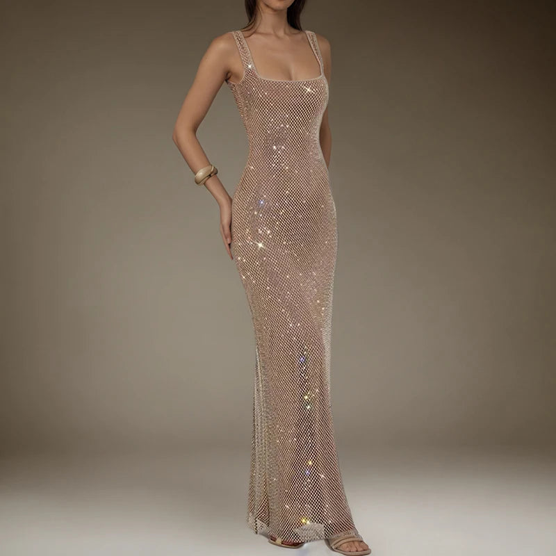 KUCLUT Fashion Shoulder Strap Sequin Mesh Diamond Suspender Dress For Women Temperament Evening Party Dresses Female 1A179