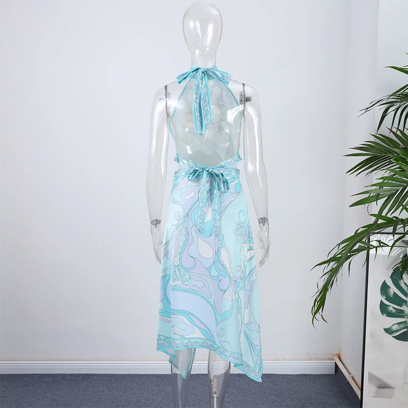 Print Women Dress Backless Mini Dress Halter High Waist Dresses Flared Skirt Hem Waist Shaping Slimming Casual Trendy Street Sty