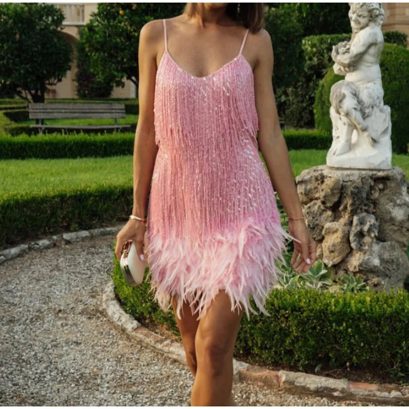 Tassel Sequins Feather Mini Dress