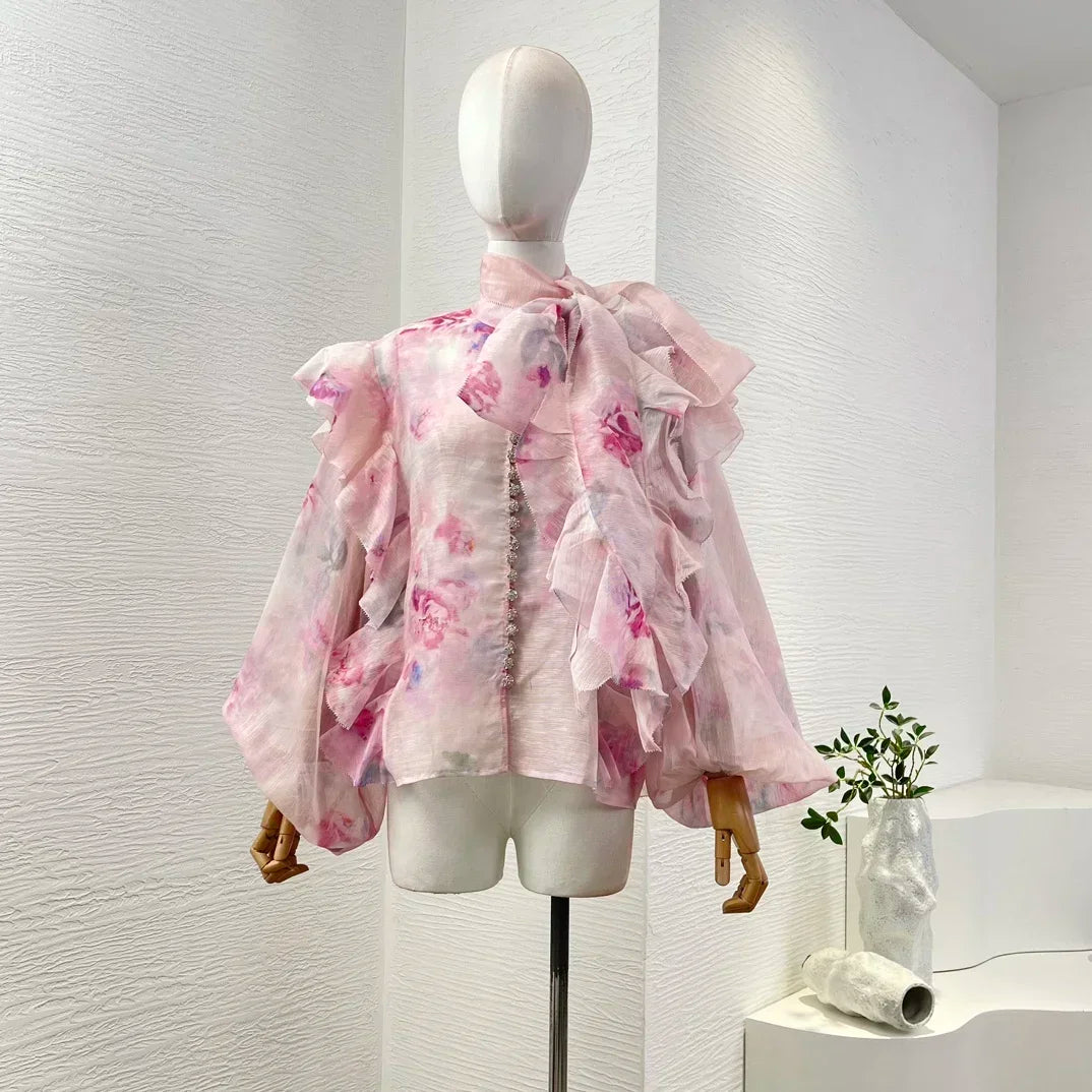 Pink Romantic High Quality Floral Print Ruffles