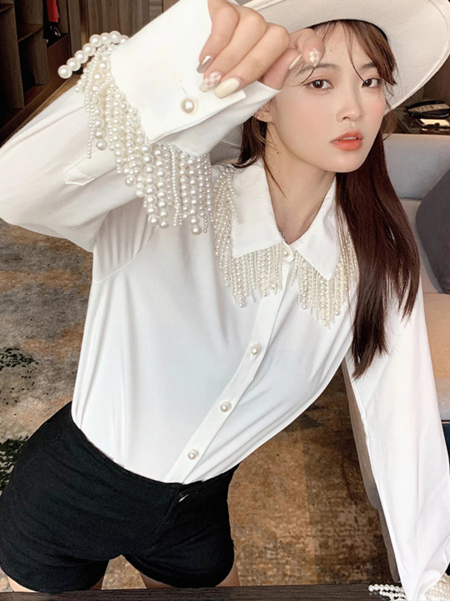 Luxury Pearls Beaded Tassels White Shirts