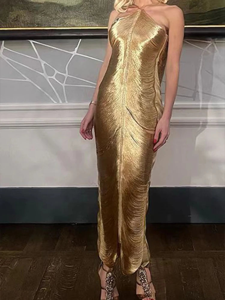 Halter Backless Solid Vintage Bodycon Long Dress
