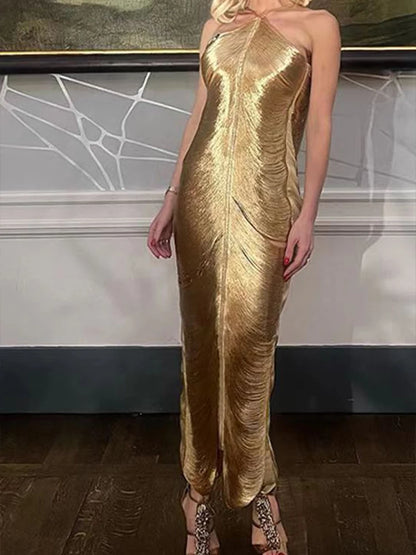 Halter Backless Solid Vintage Bodycon Long Dress