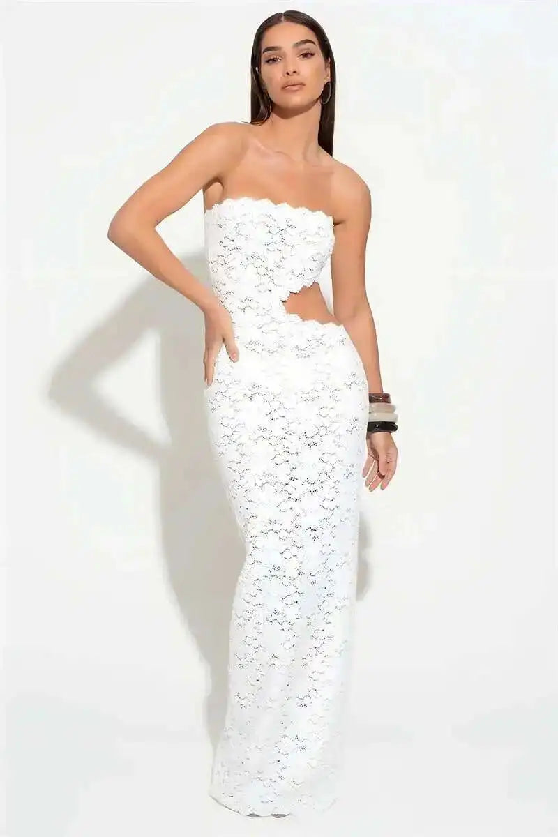 Blifanbo Backless Sexy Off-shoulder Maxi Dress Women Lace Sleeveless Strapless Hollow Out Skinny Club Party Long Dress Elegant - Shellss