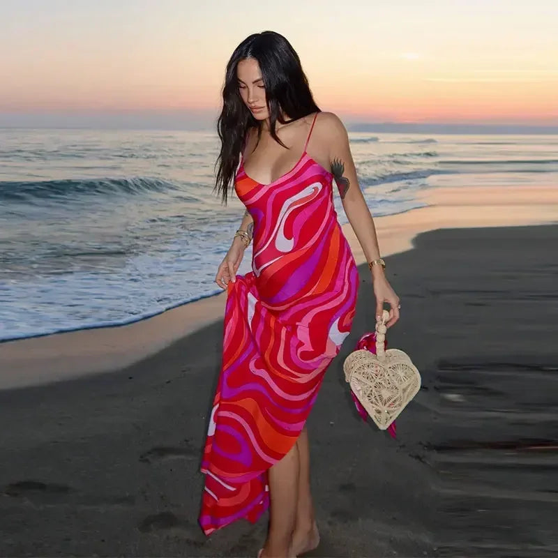 Sexy Printed Sling Long Dress Women Sleeveless Backless High Waist Slim Dresses Female 2026 Summer Beach Vacation Robes Lady