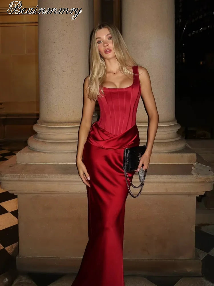 Women Satin Fishbone Corset Dress Elegant Sleeveless Off Shoulder Patchwork Slim Maxi Sling Vestidos Lady Fashion Party Gowns - Shellss