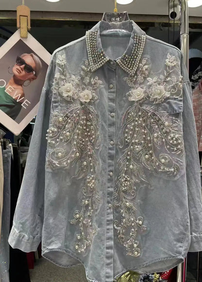 Diamonds Beaded Stitch Mid-length Denim Shirts