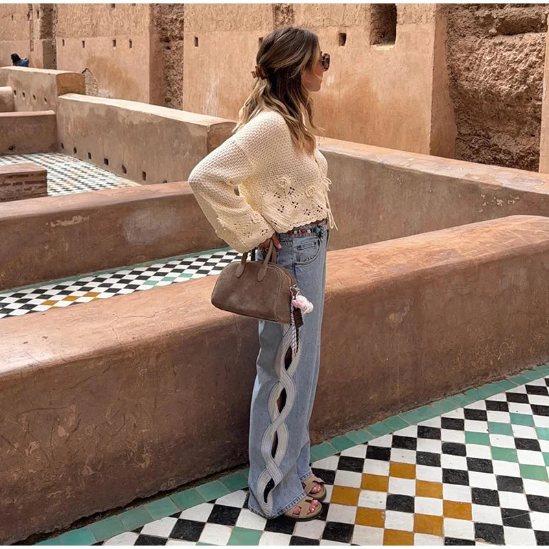 Fashion Side Hollow Out Jeans Women's High Waist Straight Leg Denim Pants 2026 Summer New Lady Trendy Casual Streetwear