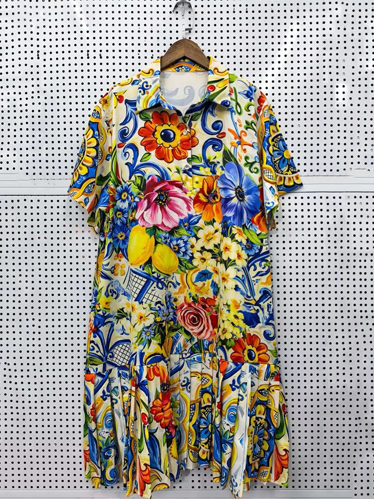 Retro geometric print lapel pullover short sleeve shirt dress 2026 summer women's tutu skirt fashion shirring loose dress - Shellss