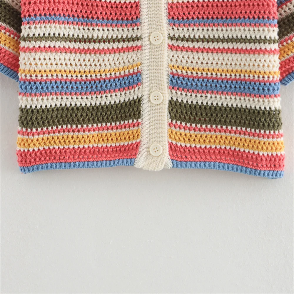 POLO collar short knitted striped shorts set
