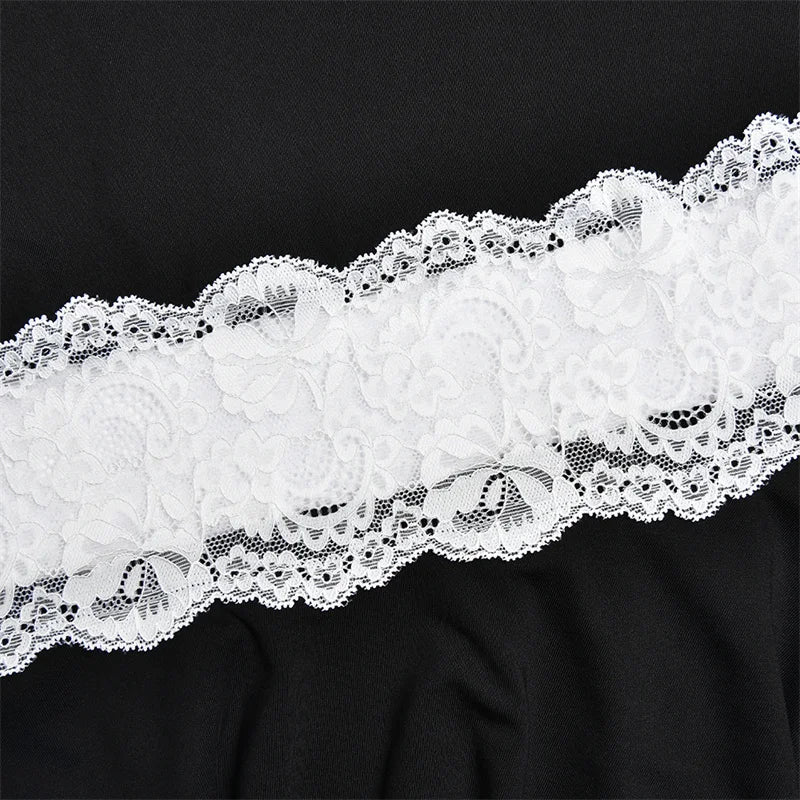 Mozision Women Spaghetti Strap V‑Neck Sexy Midi Dress Contrast White Lace Patchwork Ruffle Hem Bodycon Party Evening Dresses