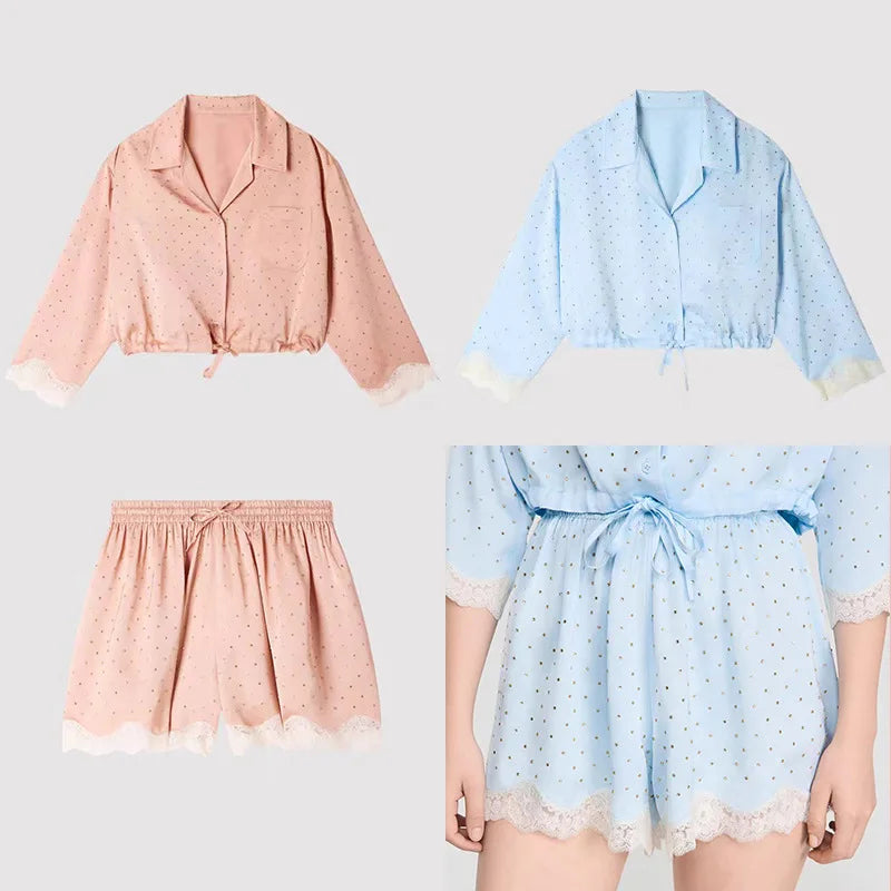 Rhinestone Decoration Women's Lace Trim Short Shirt Waist Drawstring Blouse Top or Lace-Up Waist Elastic Shorts for Summer New - Shellss