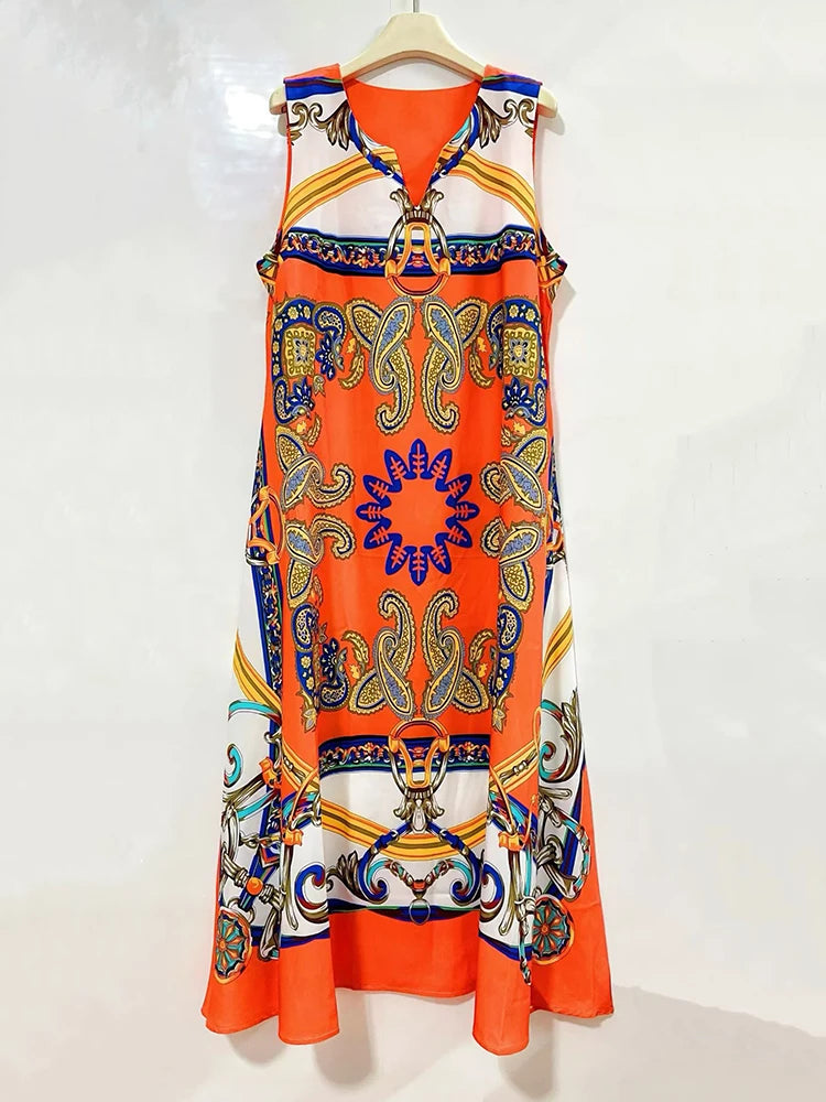 2026 Summer Women's Clothing Retro Geometric Print V-neck Pullover Sleeveless Dress Fashion Loose Large Size A-Line Tank Top - Shellss