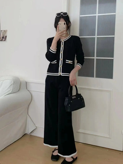 Strick-Cardigan + Hose mit weitem Bein, gestreift, lässig, 3-teiliges Set