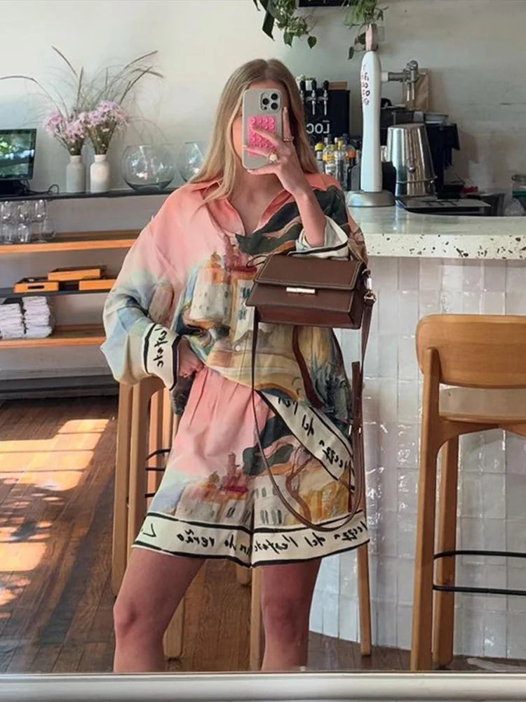 Fashion Printed 2 Piece Set Loose Lapel Button Long Sleeved Shirt Elastic Waist Shorts Suit 2025 Summer Autumn Beach Lady Set