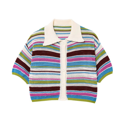 POLO collar short knitted striped shorts set
