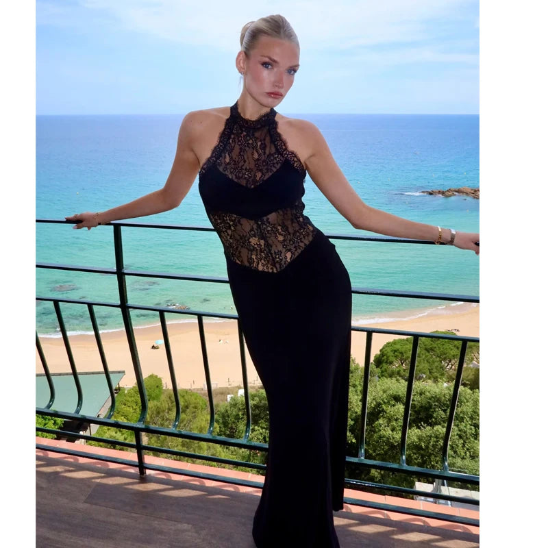 HXAO Halter Women's Lace Dress Summer Corset Elegant Party Dresses Off Shoulder Sexy Vacation Black Dress Semi Sheer Maxi Dress
