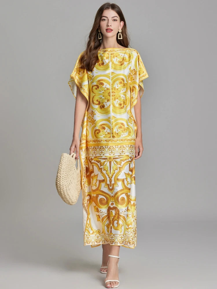 Summer Runway Vacation Yellow Batwing kaftans Dolce Dress - Shellss