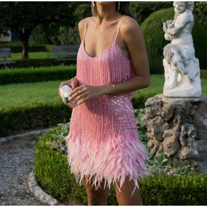 Tassel Sequins Feather Mini Dress