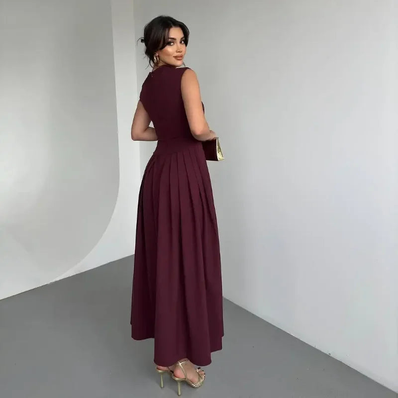 Elegant Wine Red Irregular Neck High Waist Pleated Hem