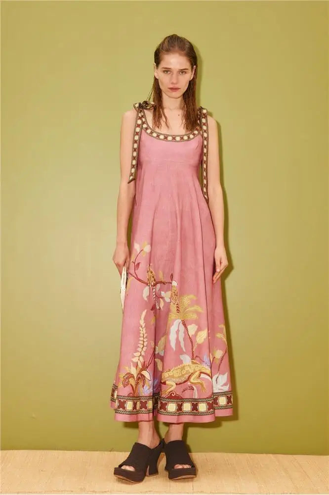 2026 New Fashion Linen Beach Vacation Style Short Dress Strapless Retro Midi Skirt Casual U-Neckline No Sleeve Women Dress