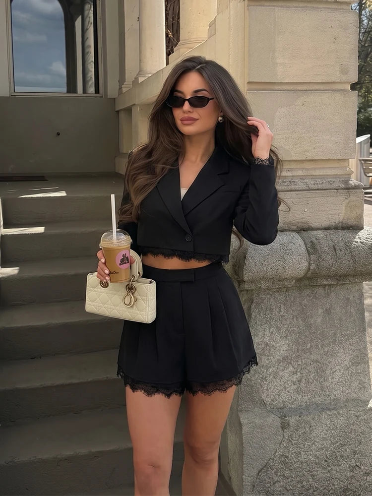 Zara Lace Trim Cropped Blazer Set
