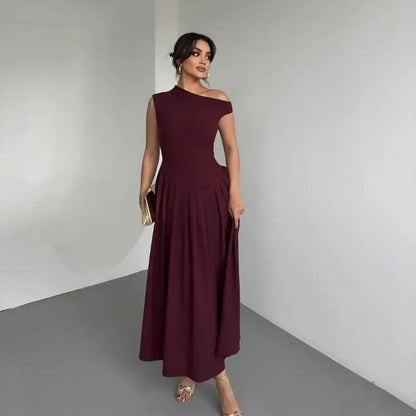 Elegant Wine Red Irregular Neck High Waist Pleated Hem