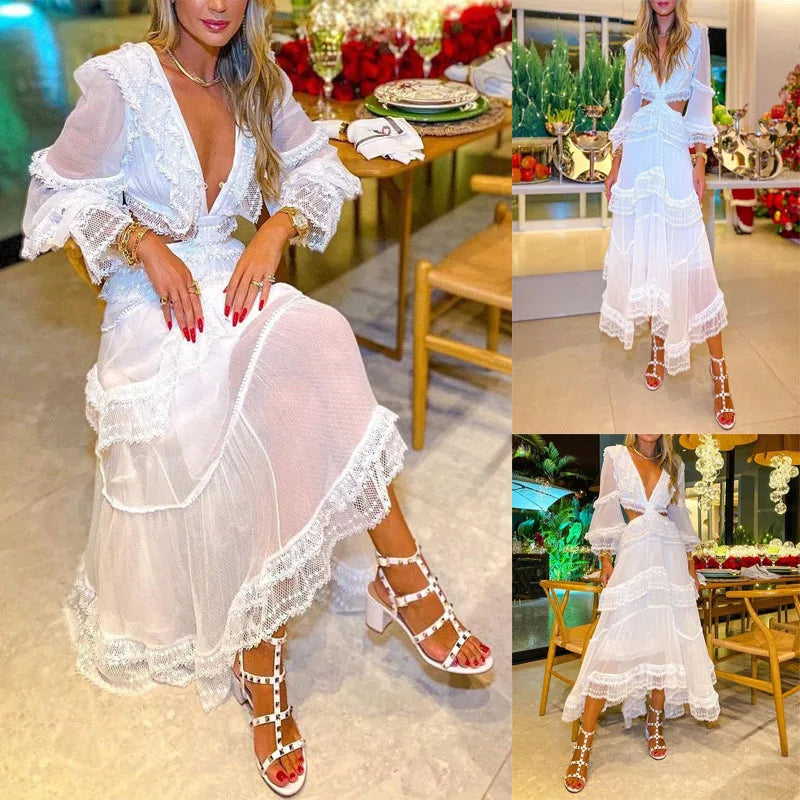 White Lace Waist Cinching Dress