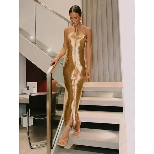 Women's Fashion Tassel Back Split Hanging Neck Dress