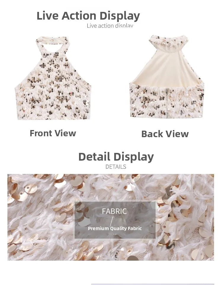 Summer New Little Fragrance Style Hot Girl Tassel Bright Particle Top Bodycon High Waist  Skirt Two Piece Set Women
