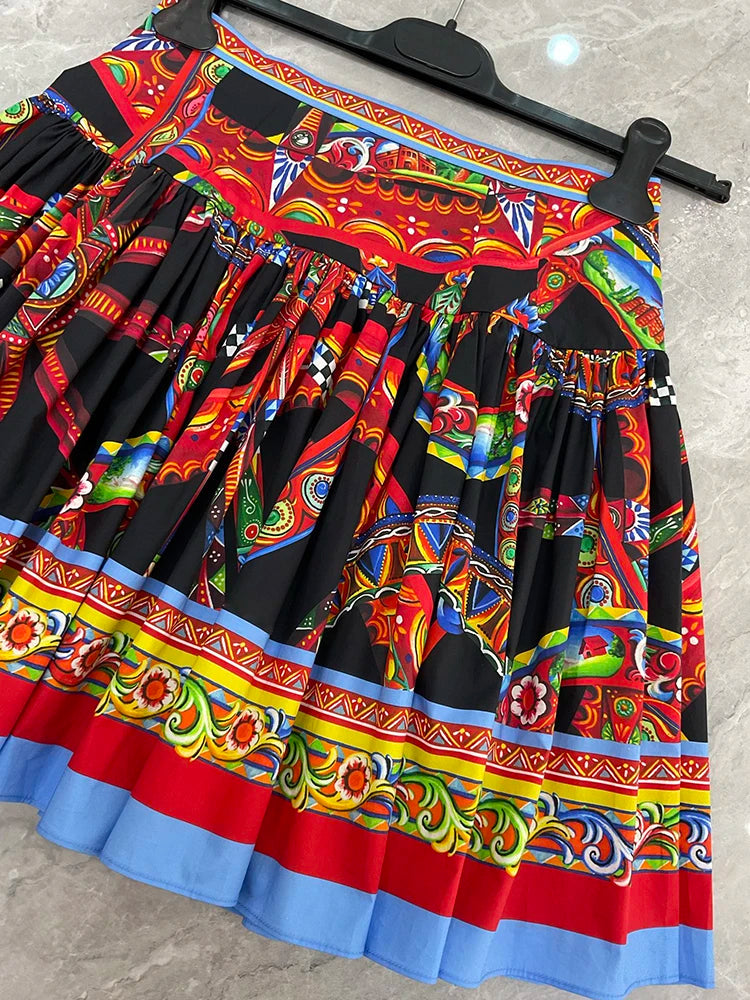Seifrmann Casual printed cotton two-piece square neck sleeveless top high waist skirt suit 2026 autumn women's new style - Shellss