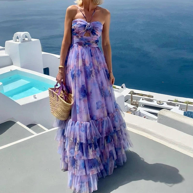 Long chiffon ruffle dress