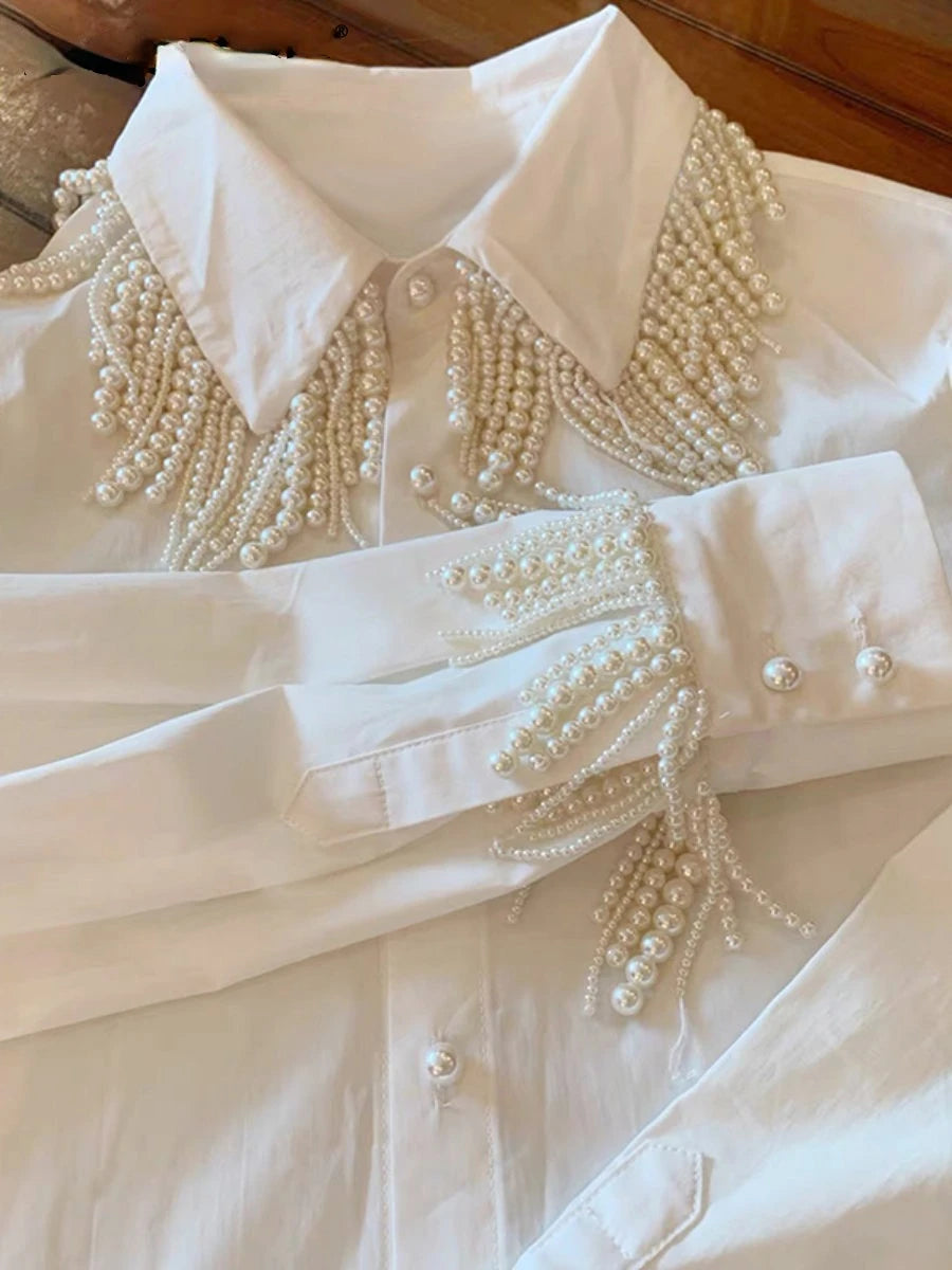 Luxury Pearls Beaded Tassels White Shirts