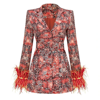 Women Sexy V Neck Floral Print Feather Long Sleeve Bodycon Party Club Event Blazer