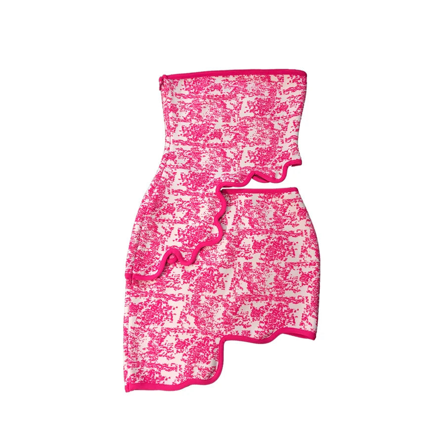 Rose Pink Yellow White Jacquard Two Piece Set Women Strapless Crop Top and Mini Skirt Bodycon Nightclub Party Outfit Bandage Set