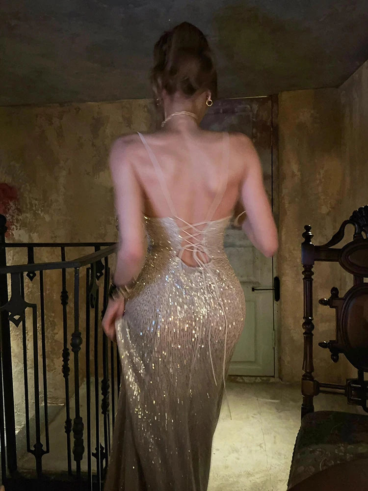 REDDACHiC Sequined Glitter Party Gown Split Plung V-Neck Laced Backless Maxi Long Dress Evening Homecoming Sexy Woman Clothing