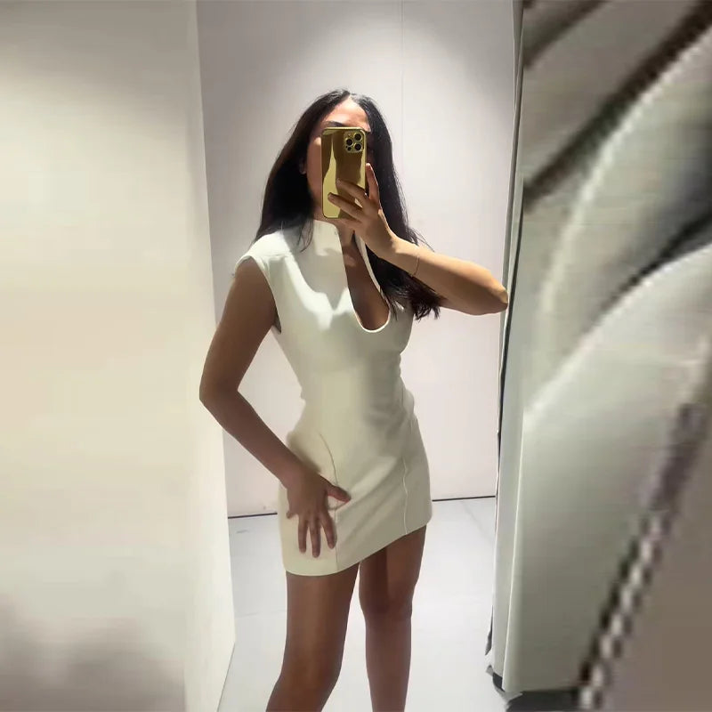 Elegant Slim Women's Dress Stand Collar Hollow Out Sleeveless Waist-Closed Lady Mini Dresses 2026 Spring Summer Female Robe