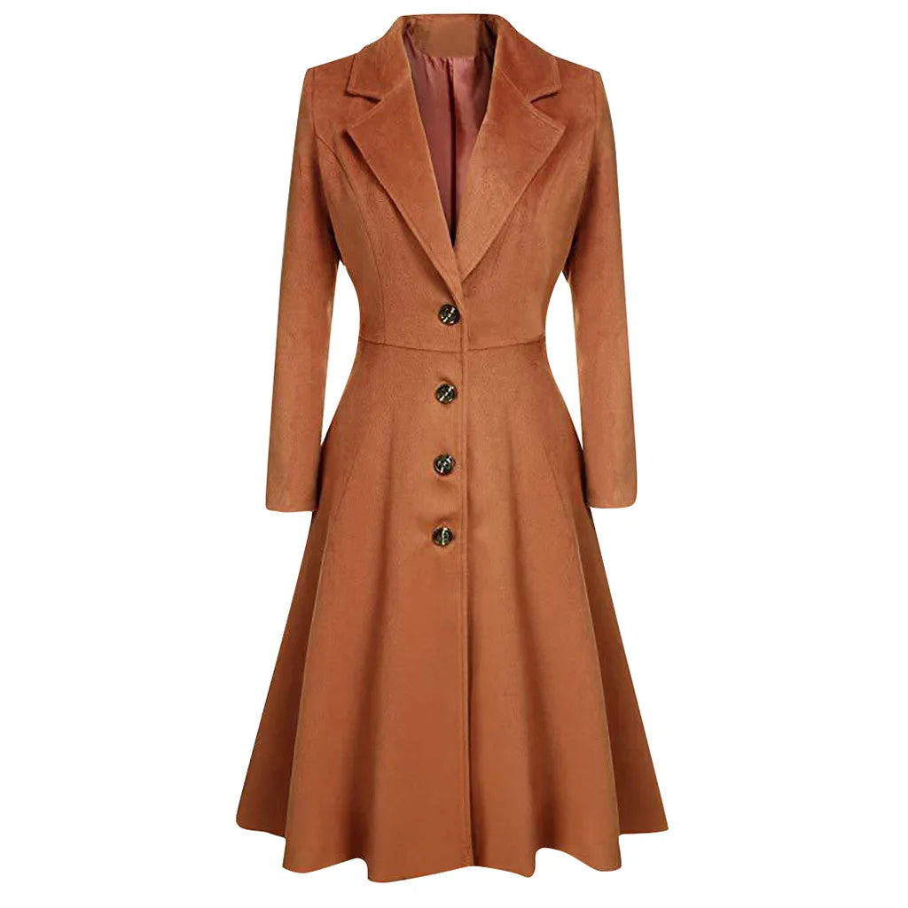 Long Trench Coat Winter Lapel Button Jacket Slimming Waist Pleated Hem