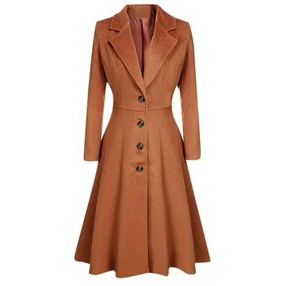 Long Trench Coat Winter Lapel Button Jacket Slimming Waist Pleated Hem