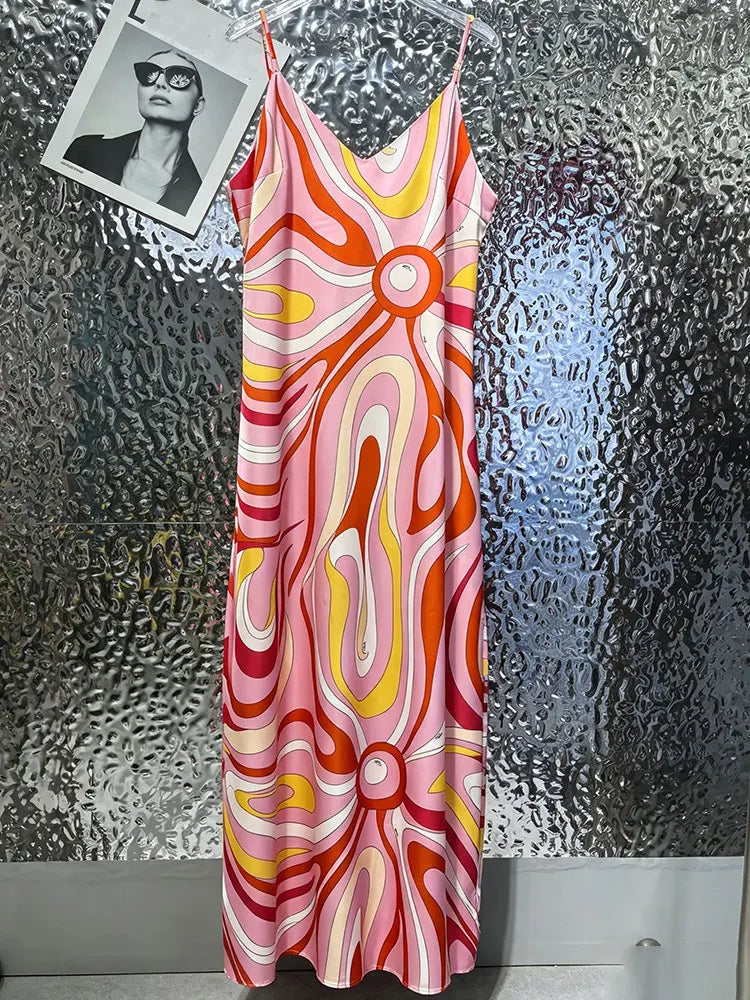 Sexy Summer Women's New Satin Elegant Dress V-Neck Thin Shoulder Strap Geometric Printing Suspenders Elegant Party Holiday Dress